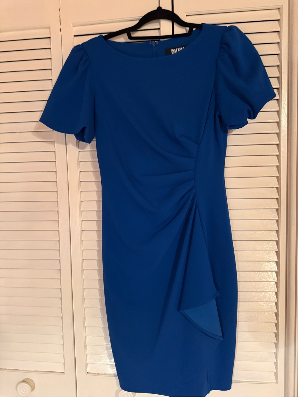 DKNY Cobalt Blue Puff-Sleeve Ruched Midi Dress